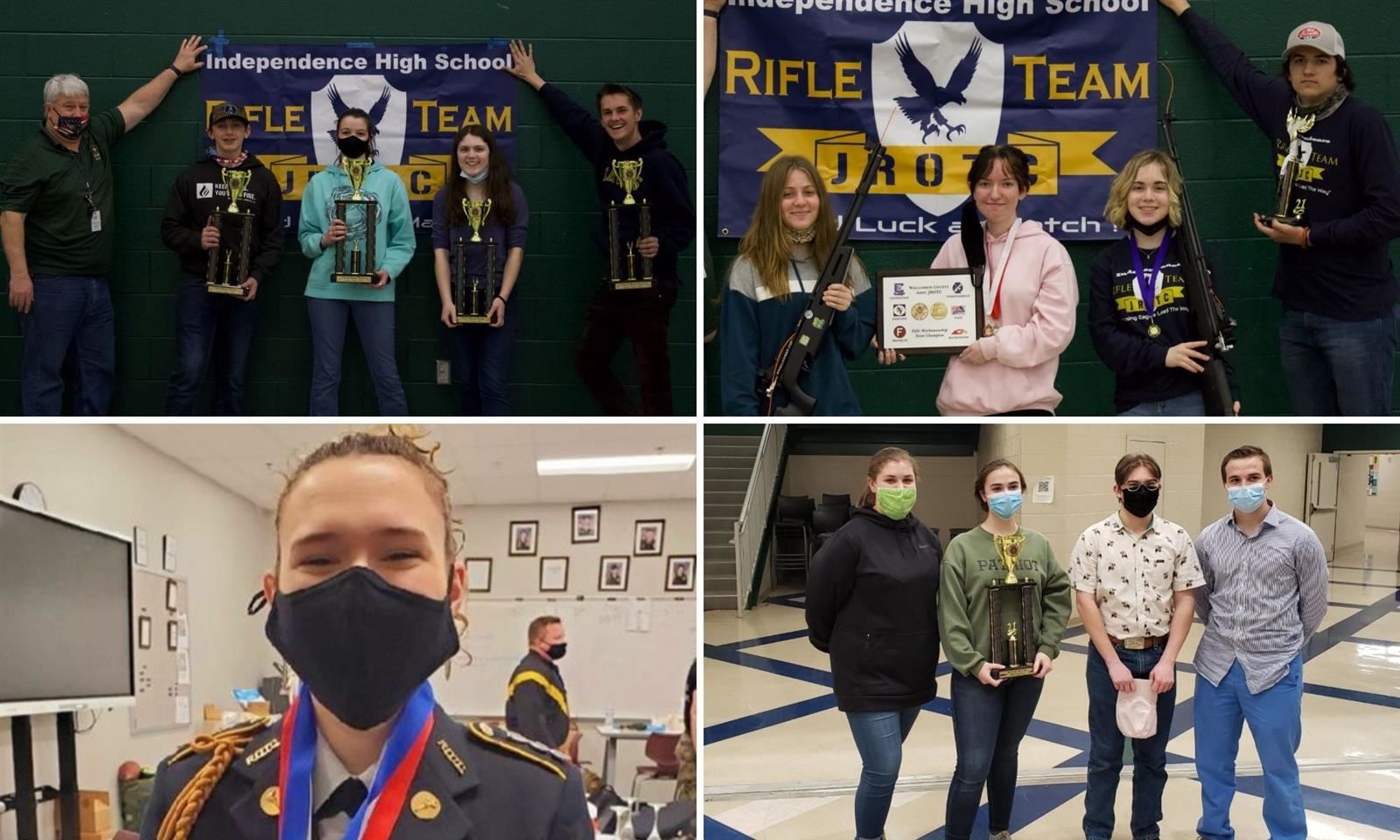 Various JROTC cadets hold trophies
